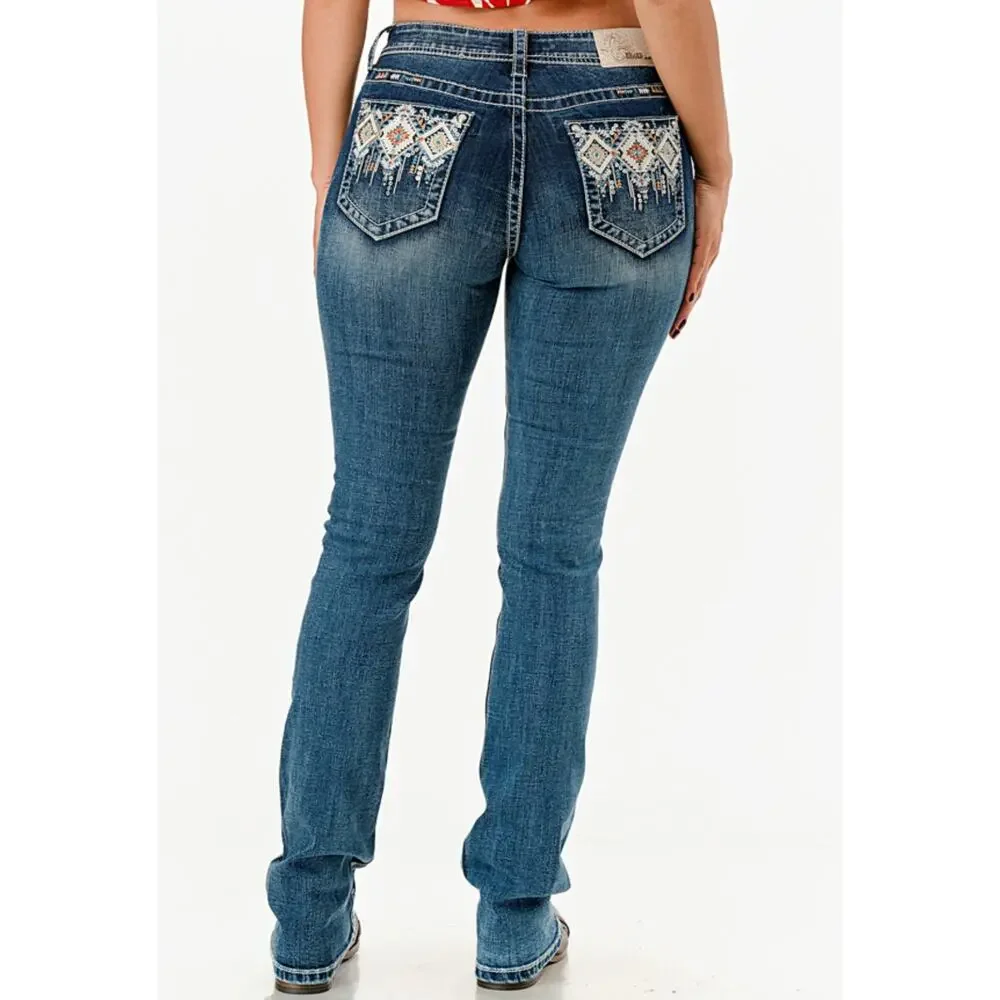 Grace in LA Women's Aztec Embroidery Embellished Bootcut Stretch Jeans